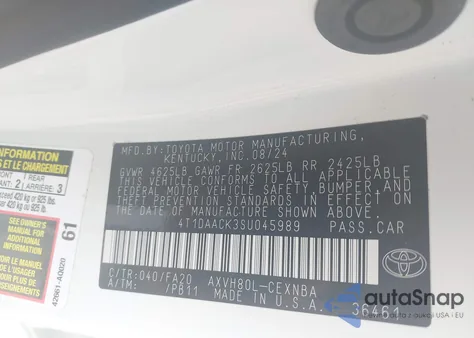 2025 Toyota Camry Le z USA, uszkodzony, nr VIN 4T1DAACK3SU045989